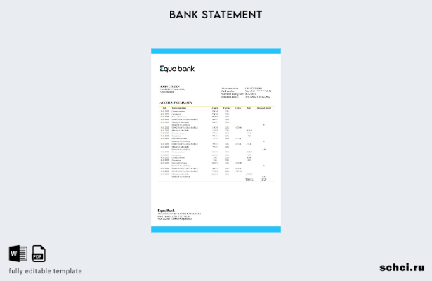 скачать цифровую версию шаблона Excel выписки Equabank в Чехии